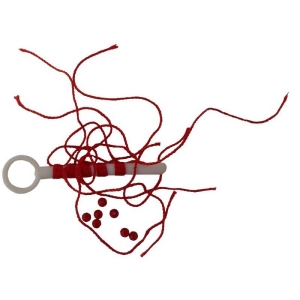 Fadenstopper S: Fadenstopper mit rotem Faden und Perlen.