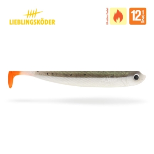 Der Captain 12,5cm ist ein Weichplastik-Angelköder mit grau-weißem Körper, schwarzen Punkten, großem Auge und orangefarbenem Schwanz. Er ist 12,5 cm lang und trägt das Lieblingsköder-Logo sowie Feuer- und Wettersymbole in den oberen Ecken.
