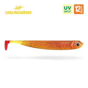 Sheriff 12,5cm: Gelb-orangefarbener Gummifisch-Köder für Angler.