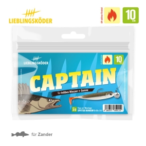 Kapitän 10cm Angelköder, entwickelt für Zander, kommt in blauer Verpackung mit Fisch- und Weichködermotiven. Ideal für trübes Wasser und sonnige Tage.