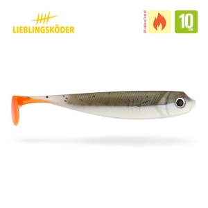 Der Captain 10cm von Lieblingsköder ist ein Weichplastik-Angelköder mit grauem Körper, dunklem Rücken, weißem Bauch und orangefarbenem Paddelschwanz. Das Bild zeigt das Markenlogo und ein Feuersymbol, das anzeigt, dass er ideal für heiße Wetterbedingungen ist.