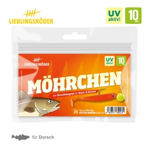 Möhrchen 10cm: UV-aktiver Dorschmagnet-Gummiköder für Nord- und Ostsee.