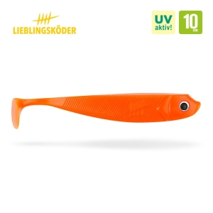 Möhrchen 10cm: Oranger Gummifisch-Köder mit Schaufelschwanz zum Angeln.