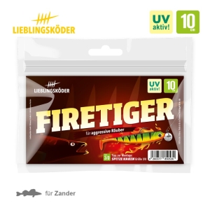Die 10-cm-Verpackung von Firetiger zeichnet sich durch farbenfrohe Fischmotive, fetten gelben und roten Text, UV-aktive Etiketten, ein 10-cm-Größenetikett und einen wiederverschließbaren Klarsichtdeckel aus - perfekte Zander-Angelköder.