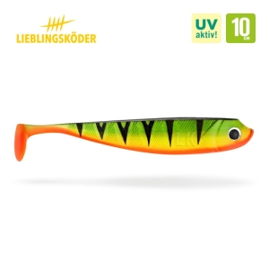 Der Firetiger 10cm ist ein Weichplastikköder mit grünen, gelben und orangen Streifen, einem schwarzen Auge und einem Paddelschwanz. Dieser UV-aktive Lieblingsköder zeichnet sich durch sein auffälliges Firetiger-Muster aus.