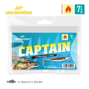 Eine blau-weiße "Captain 7,5cm"-Verpackung von Lieblingsköder enthält einen Angelköder mit Fischillustrationen, Wasser- und Sonnensymbolen und einem deutschen Text, der die vielseitige Größe für das Angeln unter verschiedenen Bedingungen hervorhebt.