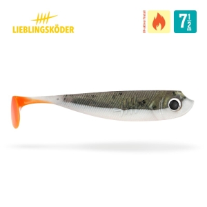 Der Captain 7,5cm von Lieblingsköder ist ein Weichplastikköder mit grauem Rücken, weißem Bauch und orangefarbenem Schwanz. Er trägt das Markenlogo und das Größen-/Feuerwettersymbol auf der Oberseite und ist auch in einer 5 cm Version erhältlich.