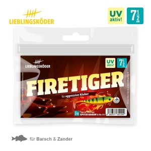 Der 7,5 cm lange Firetiger-Köder mit der Aufschrift "UV aktiv!" zeichnet sich durch leuchtende Farben aus, die ideal für Barsch und Zander sind. Die Verpackung zeigt eine farbenfrohe Illustration und ein klares Branding, das seine Effektivität und Produktdetails hervorhebt.