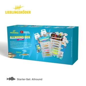 Die Allroundbox: Starter-Set besteht aus einer blauen Box mit verschiedenen Angelködern, Haken und Zubehör. Die Verpackung hebt es als praktisches Set für Angler hervor und zeigt den Inhalt und das klare Branding auf der Box.