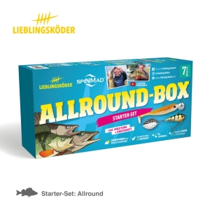Die Allroundbox: Starter-Set von Lieblingsköder ist eine blau-gelbe Box mit Fischmotiven, verschiedenen Ködern und Symbolen, die zeigen, dass sie für verschiedene Bedingungen geeignet ist, und enthält eine Anleitung.