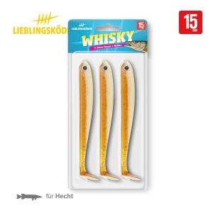 Lieblingsköder Whisky 15cm: Drei gelb-braune Gummifische zum Hechtangeln.