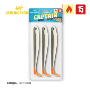 Eine Packung mit drei Captain 15cm Weichplastikködern, ideal zum Hechtangeln. Die grau-weißen Köder mit orangefarbenen Schwänzen werden in einer durchsichtigen Verpackung geliefert und sind bereit für Ihren nächsten Fang.