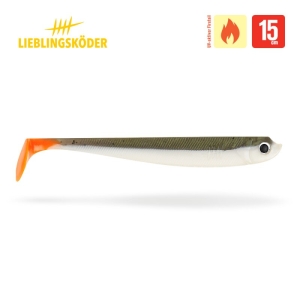 Der Captain 15cm Angelköder von Lieblingsköder ist ein 15 cm langer Weichplastikköder mit silbernem Körper, dunklem Rücken, weißem Bauch und orangefarbenem Schwanz, der mit dem Markenlogo und einem "Wetter: Früh" in der oberen rechten Ecke des Bildes.