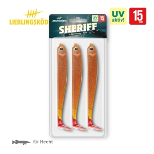 Lieblingsköder Sheriff 15cm: Orange-rote UV-aktive Gummifische zum Hechtangeln für Dämmerung und Nacht.