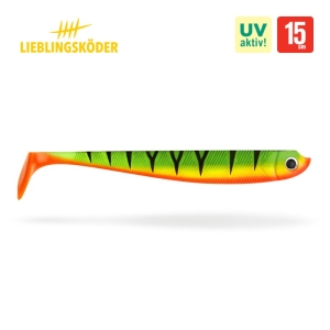 Der Firetiger 15cm ist ein farbenfroher Angelköder mit einem grün-gelben Farbverlauf, schwarzen Streifen und einem orangefarbenen Schwanz. Das LIEBLINGSKÖDER-Logo und der Schriftzug "UV aktiv!" befinden sich in den oberen Ecken.