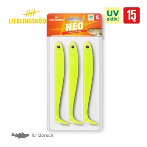 Lieblingsköder Neo 15cm: Gelbe Gummifische zum Dorschangeln in Nord- und Ostsee, UV-aktiv.