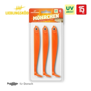 Möhrchen 15cm: Drei orangefarbene Gummifische / Angelköder in der Verpackung.