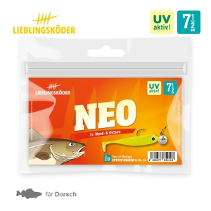 Lieblingsköder Neo 7,5cm: Gelber Köder für Dorsch, Nord- und Ostsee in Verpackung.