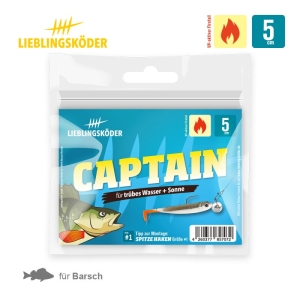 Die Verpackung des Angelköders Captain 5cm enthält eine Fischabbildung, Produktdetails und Symbole, die zeigen, dass der Köder 5 cm lang ist und sich ideal zum Angeln auf Barsch eignet, sowohl in bewölktem Wasser als auch bei Sonnenschein.