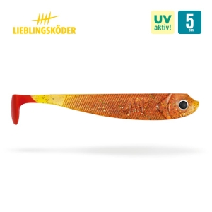 Lieblingsköder Sheriff 5cm: Brauner Gummifisch-Köder mit rotem Schaufelschwanz.