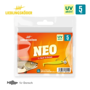 Lieblingsköder Neo 5cm: UV-aktiver, gelber Angelköder für Nord- und Ostsee, geeignet für Dorsch.