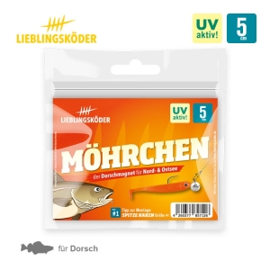 Möhrchen 5cm: Oranger Dorschmagnet-Gummiköder zum Angeln in Nord- und Ostsee, UV-aktiv