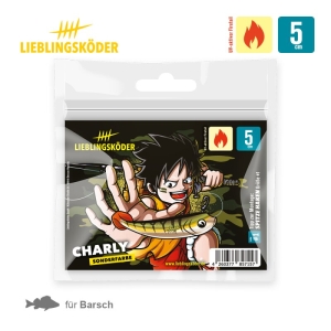 Der Charly 5cm Lieblingsköder ist mit einer illustrierten Figur, die einen fischförmigen Köder hält, verpackt und eignet sich zum Angeln auf Barsch.