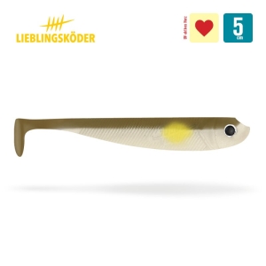 Der Ayu 5cm ist ein Angelköder aus Weichplastik in Form eines kleinen Fisches, beige mit einem gelben Fleck in der Nähe des Kopfes, einem schwarzen Auge und einem Paddelschwanz. Das "LIEBLINGSKÖDER"-Logo und die Längensymbole (5 cm) sind oben abgebildet.