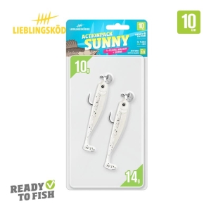 Eine Packung mit zwei 10 cm langen, 14 g schweren weißen "Actionpack Sunny"-Angelködern von Lieblingsköder, abgebildet mit dem Produktbranding und dem Text "READY TO FISH" auf weißem Hintergrund.