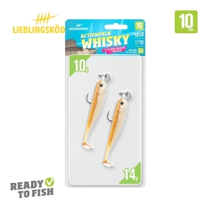Eine Packung mit zwei 10cm orange-weißen "Actionpack Whisky 10cm" Angelködern von Lieblingsköder, jeweils mit einem Haken vormontiert. Die Verpackung zeigt Gewichte von 10g und 14g und ist mit "Ready to Fish" gekennzeichnet.