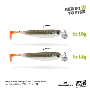 Zwei graue Weichplastikköder mit orangefarbenen Schwänzen, jeweils 10 cm lang und mit einem Gewicht von 10 g und 14 g, sind nebeneinander mit Haken und Gewichten abgebildet. Text: "READY TO FISH" und "Actionpack Captain 10cm".