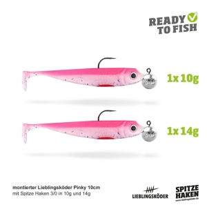 Das Actionpack Pinky 10cm enthält zwei Angelköder aus Weichplastik mit silbernen Jigköpfen (10g und 14g), die nebeneinander auf einem weißen Hintergrund mit "Ready to Fish" oben rechts abgebildet sind - ein Muss für jeden Angler.