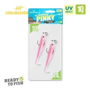 Das Actionpack Pinky 10cm enthält zwei fangfertige, UV-aktive rosa und weiße Weichplastikköder mit Haken - perfekt für herausragende Fänge.