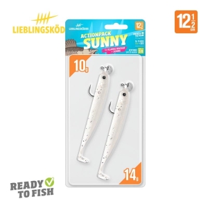 Die Verpackung des Actionpack Sunny 12,5cm besteht aus zwei 12,5cm großen, 14g schweren Weichplastikködern mit der Aufschrift "Ready to Fish", die mit orangefarbenen und blauen Akzenten und detaillierten Produktinformationen versehen sind.