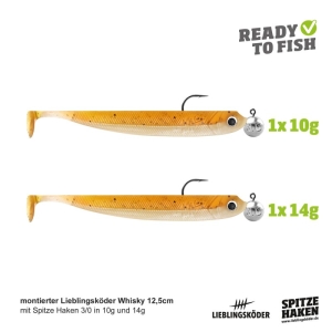 Zwei orange/silberne fischförmige Actionpack Whisky-Köder (12,5 cm) mit Haken und beschwerten Köpfen (10 g und 14 g) sind auf einem weißen Hintergrund abgebildet. Der Text "READY TO FISH", "LIEBLINGSKÖDER" und "Actionpack" erscheint neben den Markenlogos.