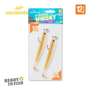 Die Verpackung des Actionpack Whisky 12,5cm zeigt zwei orangefarbene und silberne Softbaits (12,5cm) mit 14g und 10g Gewichten, inklusive Haken. Die Packung ist mit einem "Ready to Fish"-Etikett versehen.