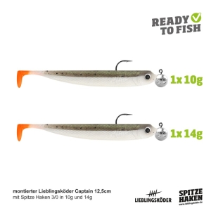 Zwei Weichplastik-Actionpack Captain 12,5cm Angelköder mit orangefarbenen Schwänzen und Jigköpfen (1x10g, 1x14g). Oben rechts steht "READY TO FISH", unten sind Markenlogos und Produktdetails abgebildet.
