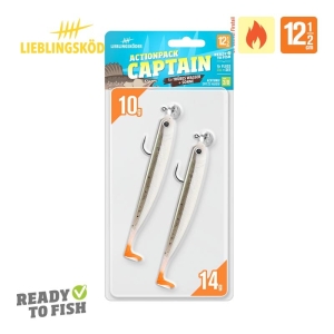 Das Actionpack Captain 12,5cm von Lieblingsköder enthält zwei Weichplastikköder mit orangefarbenen Schwänzen und Jigköpfen auf einer "Ready to Fish"-Karte, mit einer Köderlänge von 12,5cm.