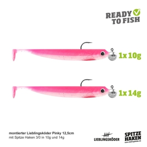 Zwei Actionpack Pinky 12,5cm Weichköder mit 10g und 14g Jigkopfhaken sind auf weißem Hintergrund mit "READY TO FISH" sowie den Logos von Lieblingsköder und Spitze Haken abgebildet.