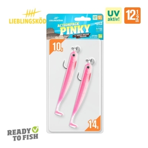 Das Actionpack Pinky 12,5cm enthält zwei 14g UV-aktive rosa und weiße Softbait-Köder mit Haken. Direkt aus der Packung "Ready to Fish".