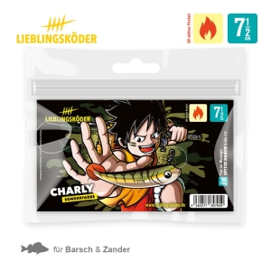 Eine Packung Lieblingsköder Charly 7,5cm zeigt eine Figur im Anime-Stil, die einen weichen Köder hält. Die Verpackung hebt die Verwendung für Barsch und Zander hervor, wobei rote und blaue Symbole abgebildet sind.