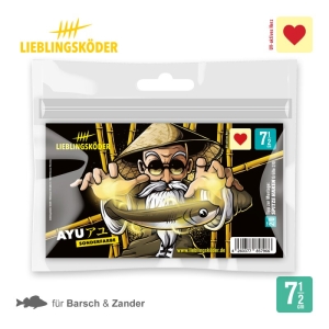 Auf einer Plastikverpackung von Ayu 7,5 cm großen Lieblingsköder-Angelködern ist ein älterer Mann mit einem Strohhut abgebildet, der einen goldenen Fisch mit der Aufschrift "AYU" hält.