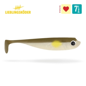 Ayu 7,5cm: Ein beiger Weichplastik-Angelköder mit Paddelschwanz, schwarzem Auge und gelbem Seitenfleck. "Lieblingsköder", ein rotes Herz und "7 1/2 cm" sind in der oberen rechten Ecke abgebildet.