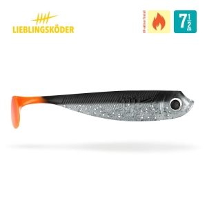 Der Black Shadow 7,5cm ist ein Weichplastikköder mit grauem, silbern gepunktetem Körper, großem Auge und orangefarbenem Schwanz. In der oberen Ecke sind das LIEBLINGSKÖDER-Logo, das Feuersymbol und die 7,5cm-Markierung angebracht.