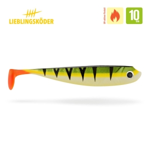 Charly 10cm von Lieblingsköder ist ein Weichplastik-Angelköder mit einem gelb-grünen Farbverlauf, schwarzen Streifen und einem orangefarbenen Schwanz. Das Bild zeigt das Lieblingsköder-Logo und Messsymbole.