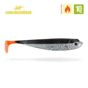 Der Black Shadow 10cm Angelköder von Lieblingsköder hat einen dunklen Rücken, einen glitzernden silbernen Körper, einen orangen Schwanz und ein realistisches Fischauge. Mit der Aufschrift "Wetter: Frost" mit einem Flammensymbol versehen, ist er ideal für das Angeln bei kaltem Wetter.