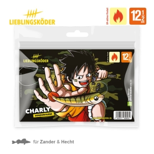 Die Charly 12,5cm LIEBLINGSKÖDER Angelköder zeigen einen animierten Charly, der einen fischförmigen Köder hält, den Schriftzug "SONDERFARBE" und Symbole für die Größe 12,5cm - perfekt für den Fang von Zander und Hecht.