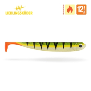 Der Charly 12,5cm ist ein Weichplastikköder mit einem grün-gelben Körper, schwarzen Längsstreifen und einem leuchtend orangen Schwanz. Er verfügt über einen "Wetter Print" für den Einsatz bei jedem Wetter.