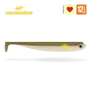 Der Ayu 12,5cm von Lieblingsköder ist ein Weichplastikköder mit brauner Oberseite, weißer Unterseite und einem kleinen gelben Fleck am Kopf.