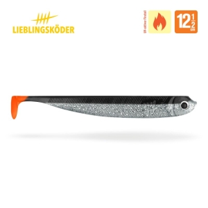 Der Black Shadow 12,5 cm ist ein Angelköder aus Weichplastik in den Farben Silber, Schwarz und Orange, mit dem Lieblingsköder-Logo und dem Symbol für "heißes Wetter" in den oberen Ecken des Bildes.